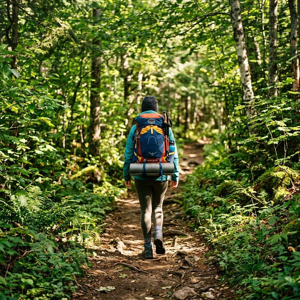 山道を歩くハイカーの後ろ姿